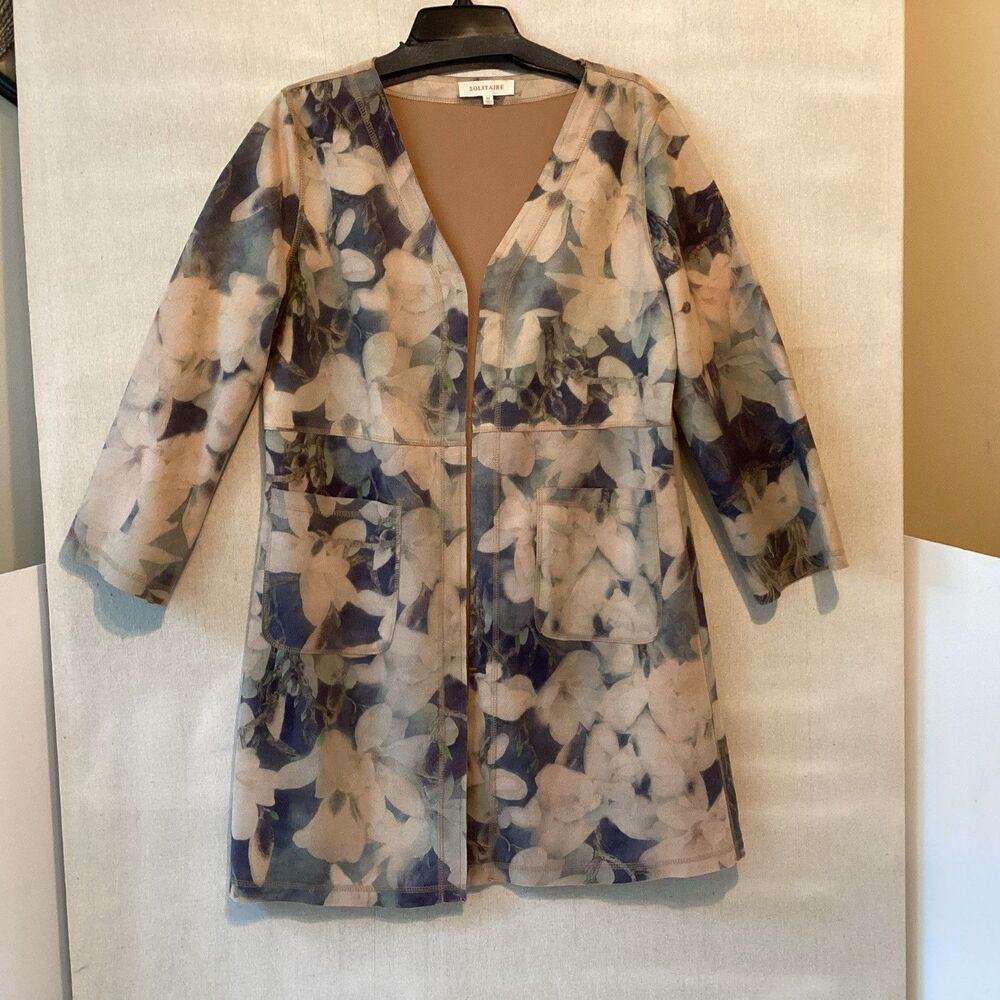 solitaire jacket M floral faux suede open pockets boho
